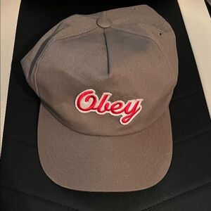 Obey Taupe Cap with Red Script Logo
